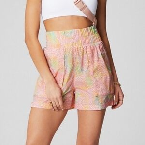 Fabletics Ultra High Waistes Piped Nylon Shorts Coral Leopard Print Size Small